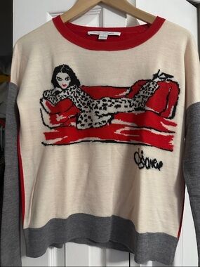 Diane Von Furstenberg Cream Sweater with Red Graphic and Gray Trim